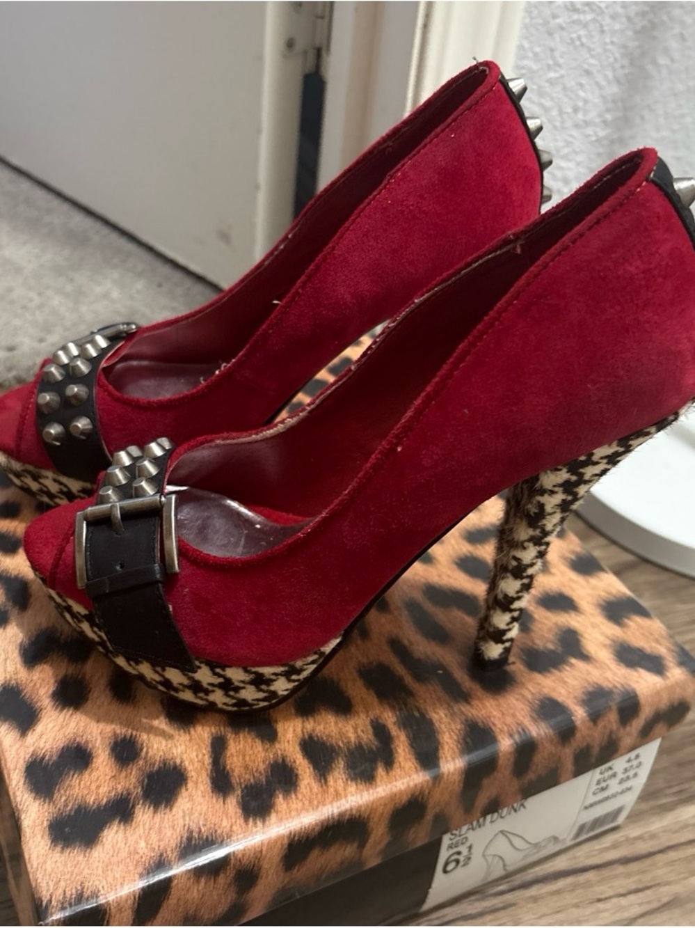 naughty monkey Red Suede Studded Houndstooth Platform Heels
